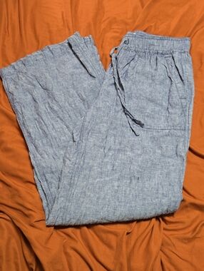 Women's Light Blue Linen-Blend Drawstring Pants
